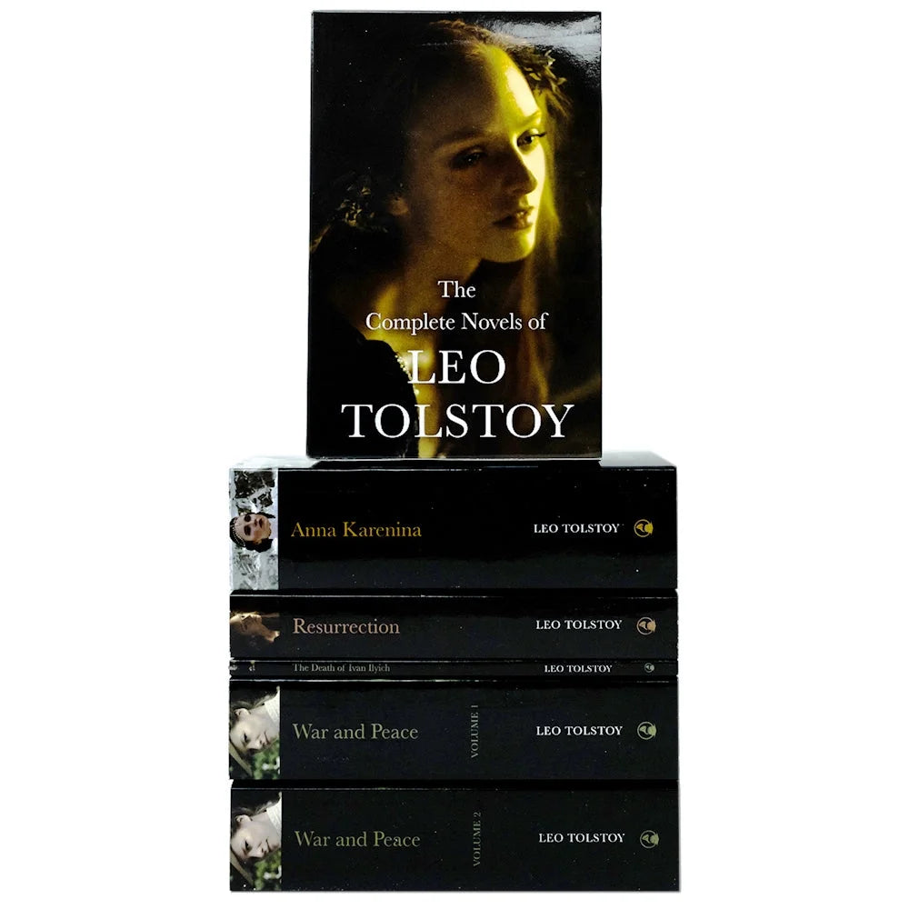 Book view of Book Tolstoy box set "Complete Leo Tolstoy Book Box-Set" displaying book spines and front cover of "Tolstoy: The Complete Novels" om top of the stack.