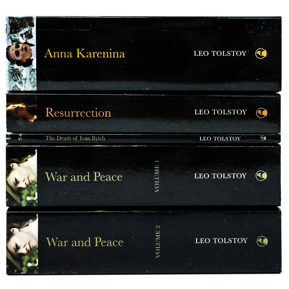 Book view of Book Tolstoy box set "Complete Leo Tolstoy Book Box-Set" displaying book spines with book titles.