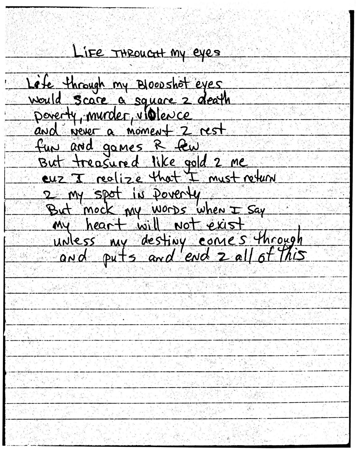 Handwritten poem titled "Life Through My Eyes" written by Tupac Shakur from the Poetry Book Collection "The Rose that Grew from Concrete" by 2Pac Amaru Shakur.