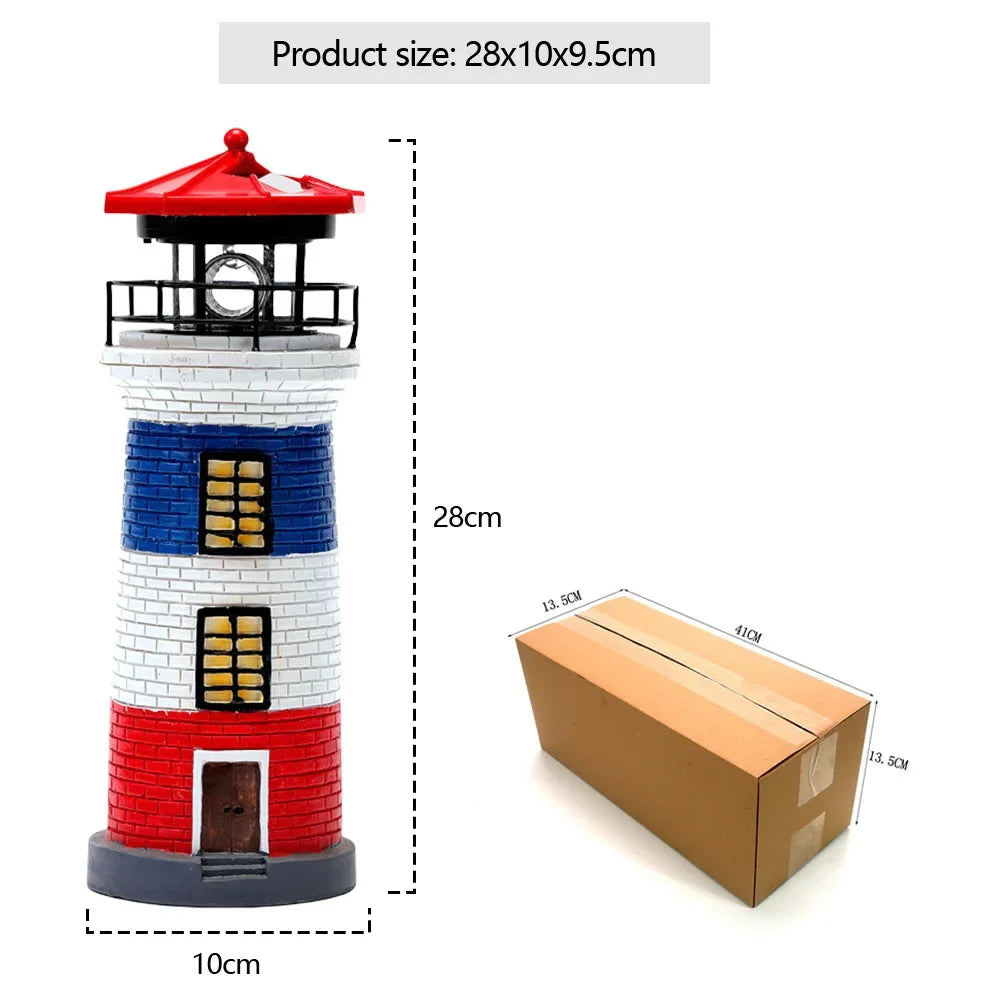 Model lighthouse with dimensions and a cardboard box for scale on a white background