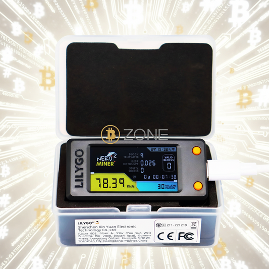 Image of a desktop minor connected to a type C USB port displayed in the box that it comes in with circuit board and blockchain technology Bitcoin background.