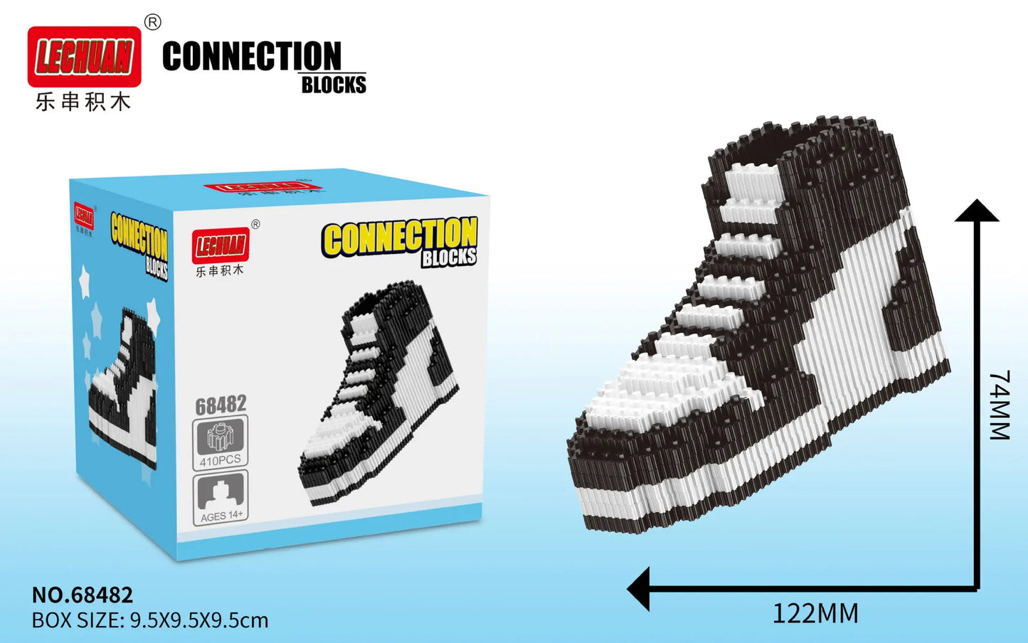 LEGO-like connection blocks shoe model with packaging and dimensions on a light blue background