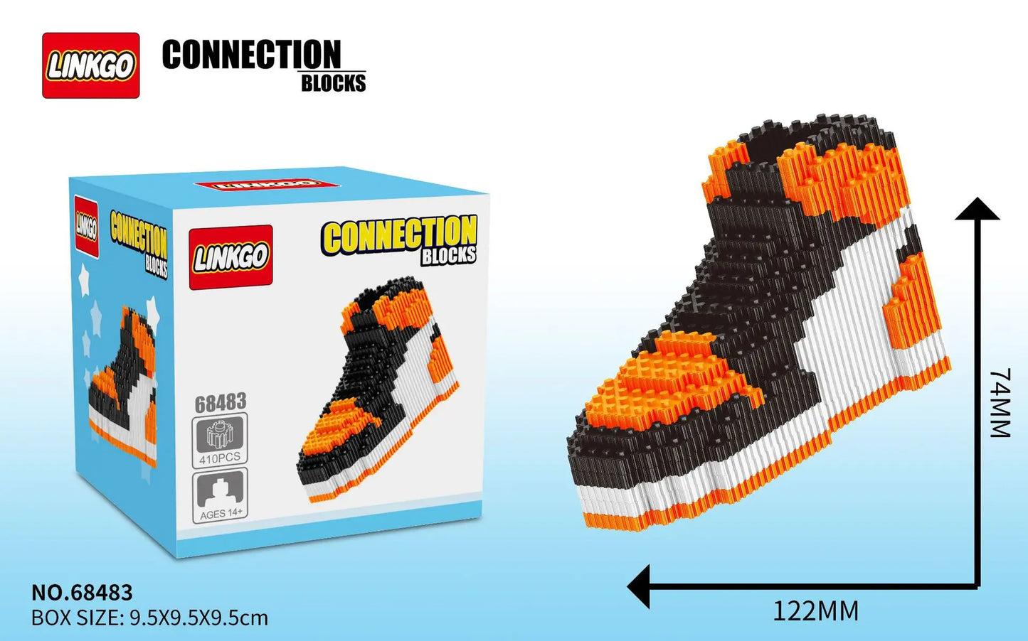 Linko connection blocks packaging with a shoe-shaped building block on a light blue background