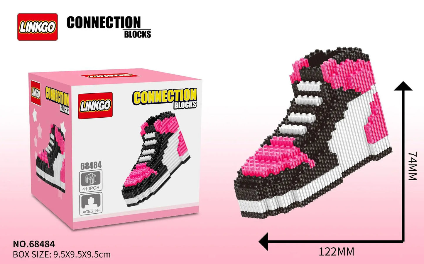 Linkgo connection blocks shoe toy with packaging on a pink background