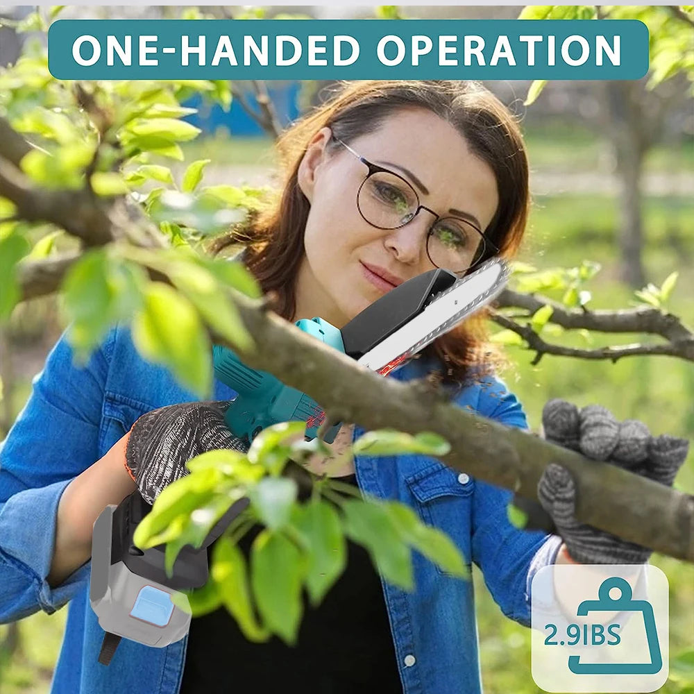 Woman using a power tool to trim branches with text 'One-Handed Operation' and weight indicator.