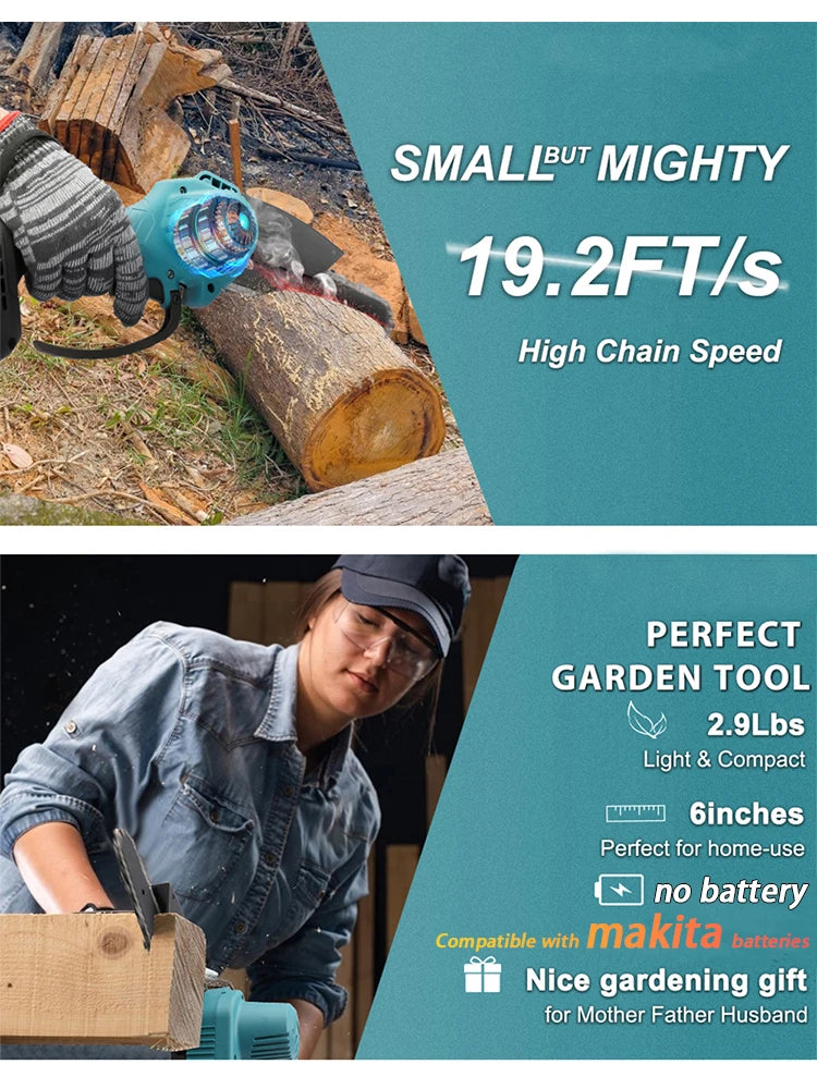 Advertisement for a gardening tool with text about high chain speed and features.