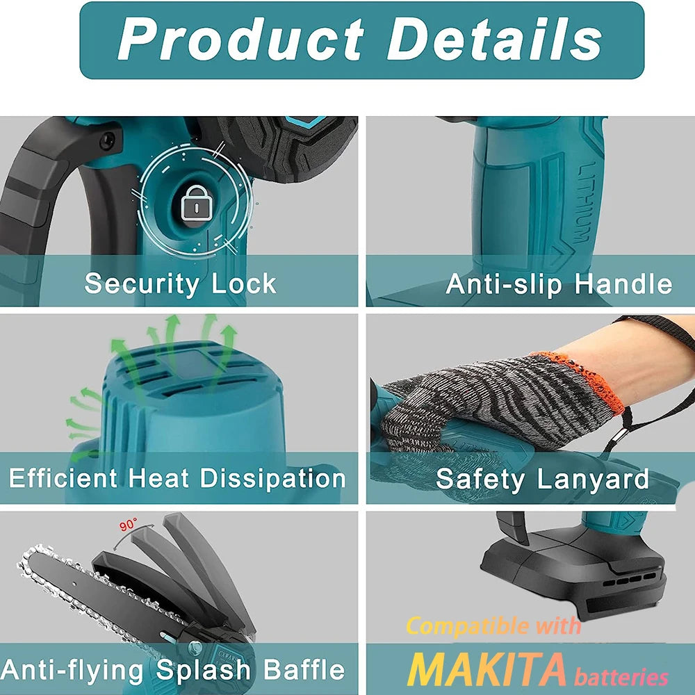 Mini Chainsaw product details of a tool with features like security lock, anti-slip handle, efficient heat dissipation, safety lanyard, and compatibility with MAKITA batteries.