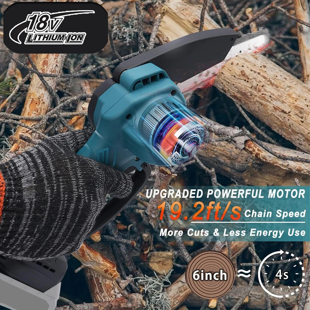 Electric chain saw with glove on a background of wood and branches, featuring 18V Lithium-Ion branding.