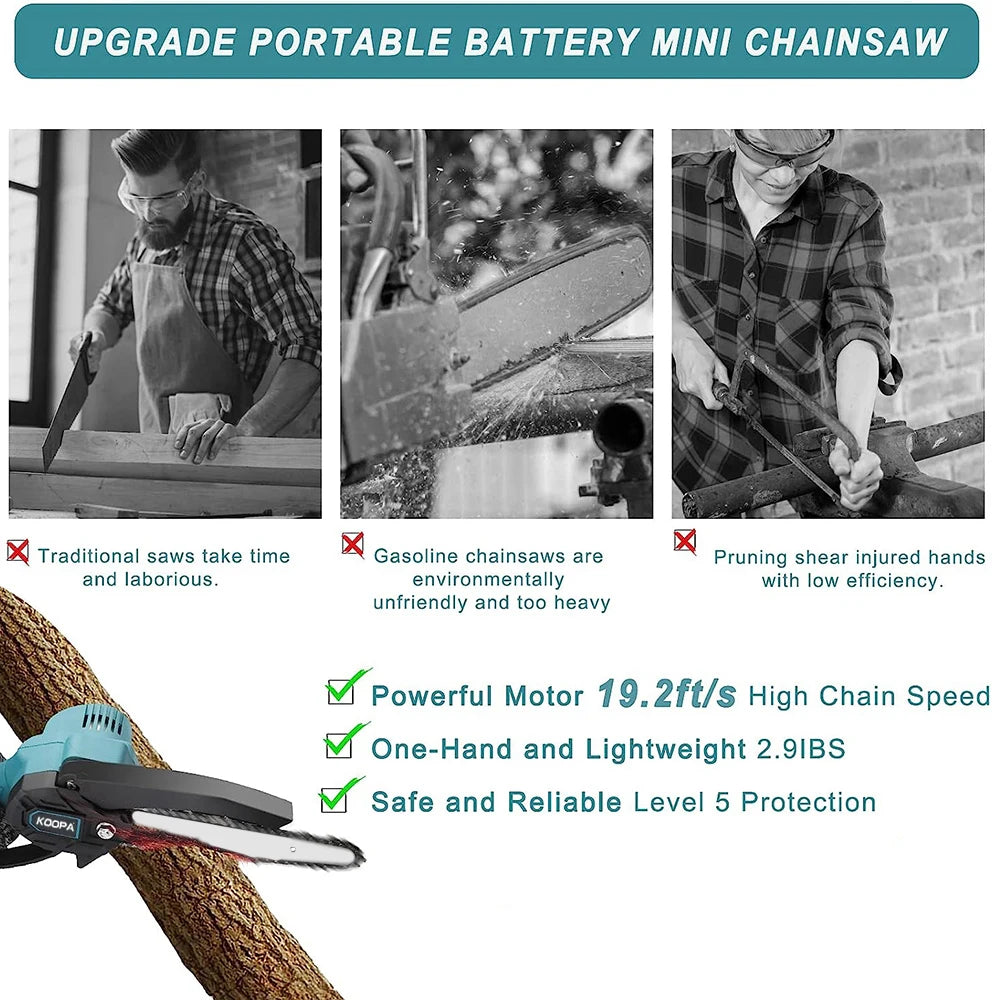 Advertisement for an upgrade portable battery mini chainsaw with features and benefits listed.