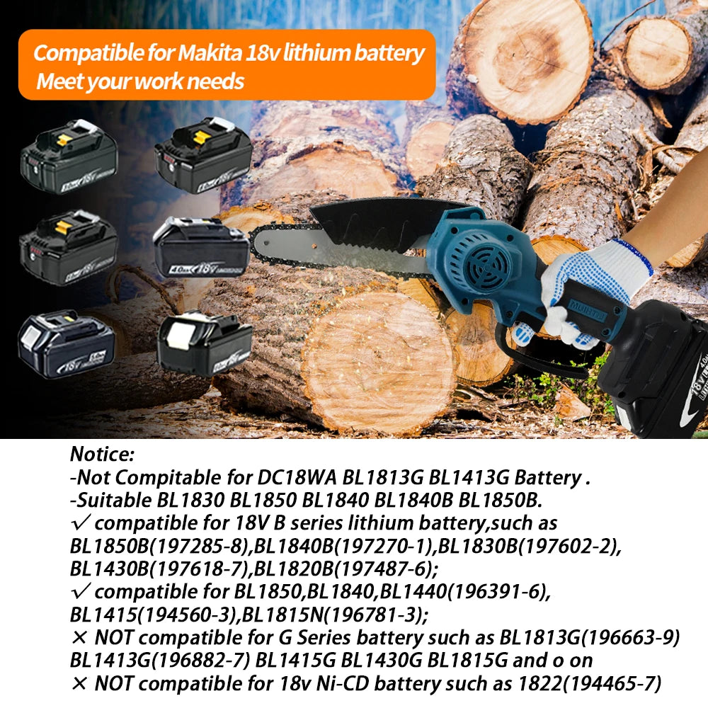 Chain saw with batteries on a background of logs and outdoor setting, featuring compatibility information for Makita 18V lithium battery.