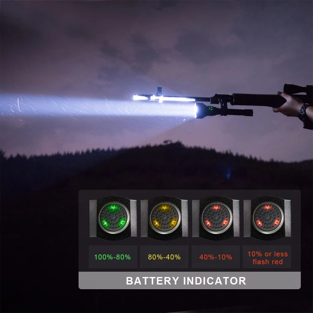 Weapon with flashlight emitting light, battery indicator at the bottom