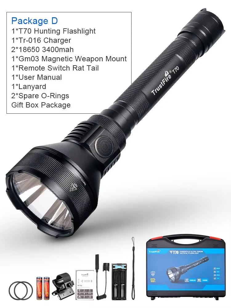 Black hunting flashlight with accessories on a white background