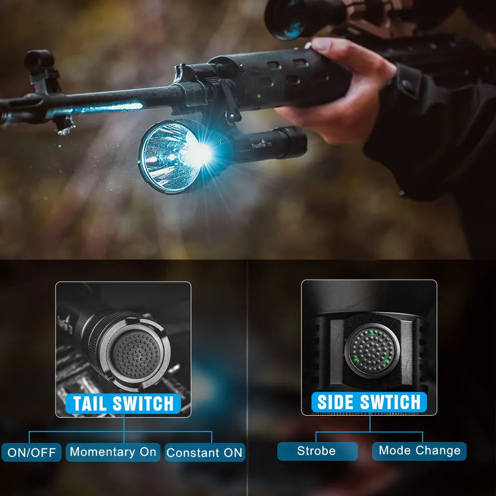 Person holding a rifle with a flashlight attached, showing switch options on a blurred background.