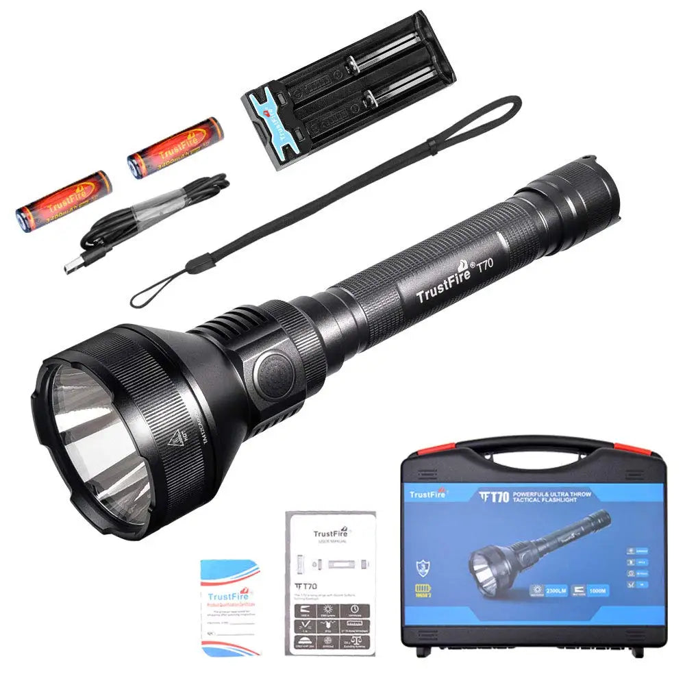 TrustFire flashlight with batteries, charger, and packaging on a white background