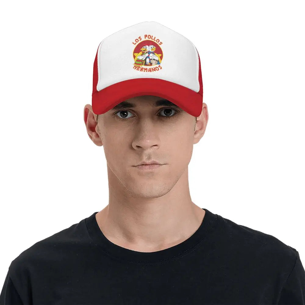 Los Pollos Hermanos red and white mesh snapback hat from Breaking Bad