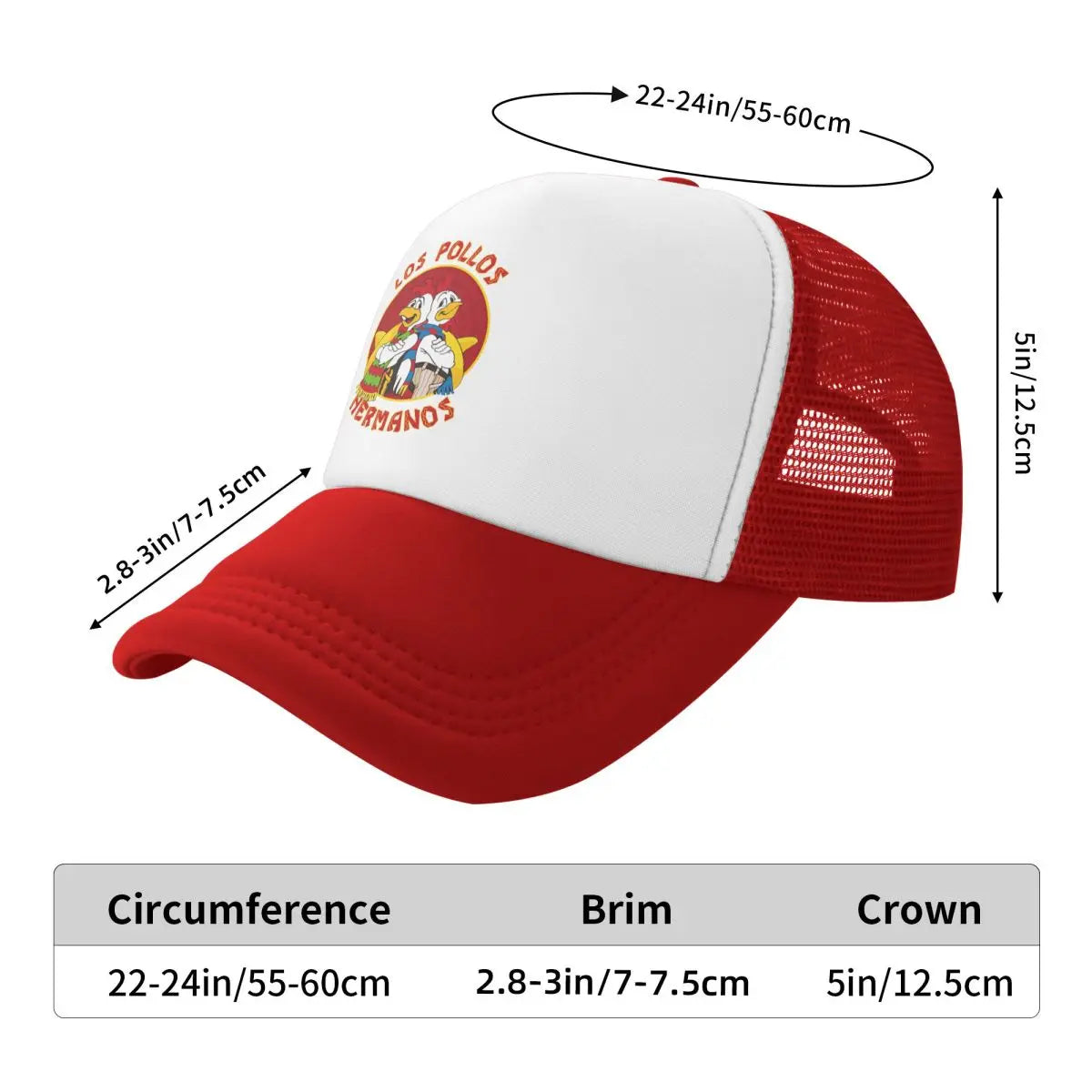 Los Pollos Hermanos red and white mesh snapback hat from Breaking Bad measurement size chart.