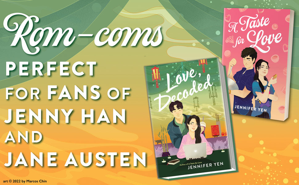 Two books titled 'Love Decoded' and 'A Taste for Love' with promotional text about rom-coms for fans of Jenny Han and Jane Austen.