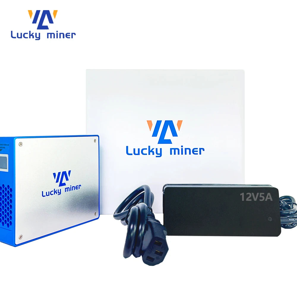 Lucky Miner equipment including a box, power supply, and cables on a white background.