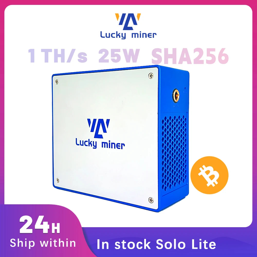 Blue Lucky Miner device with white front panel on a pink and purple gradient background