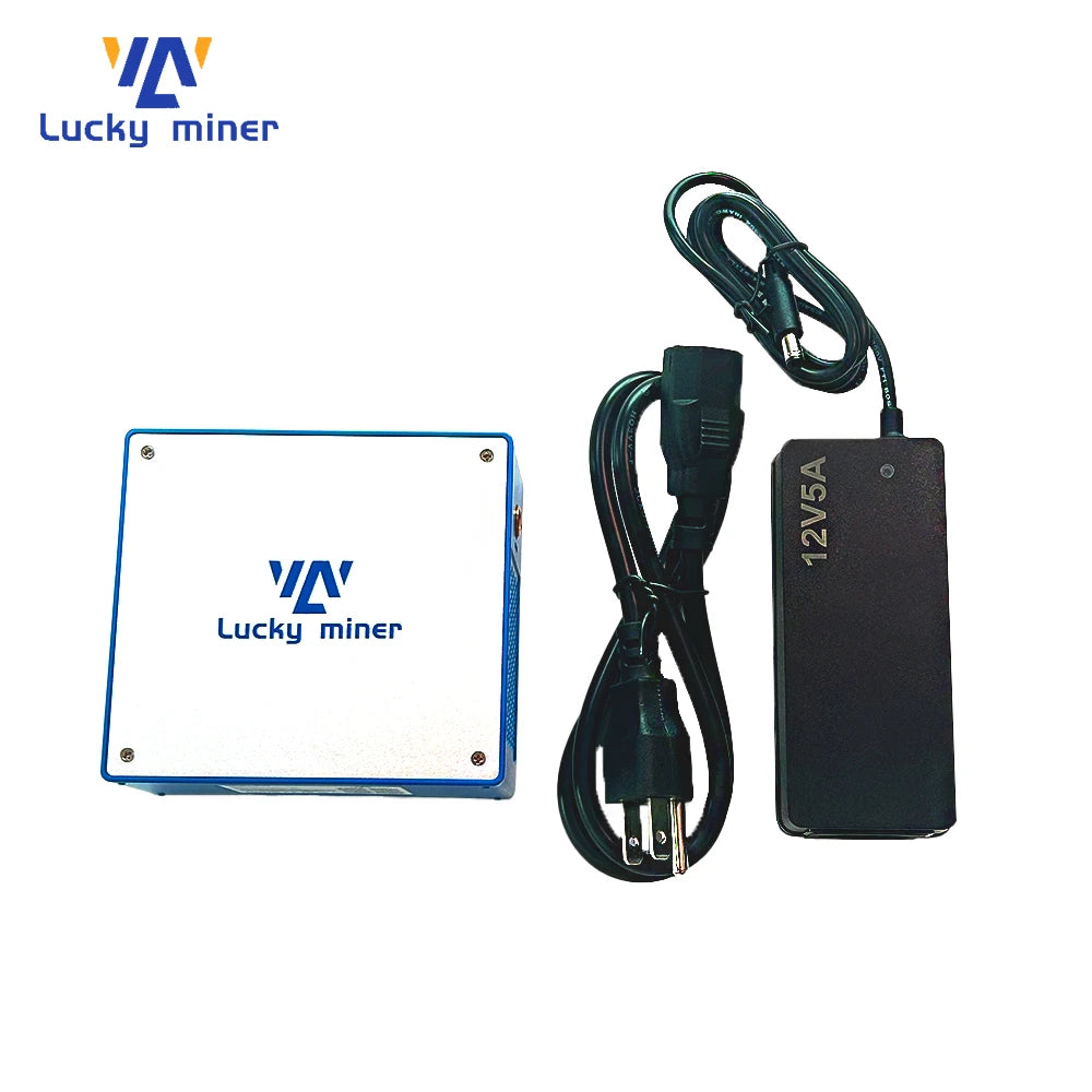 Lucky Miner electronic components including a board and power adapter on a white background