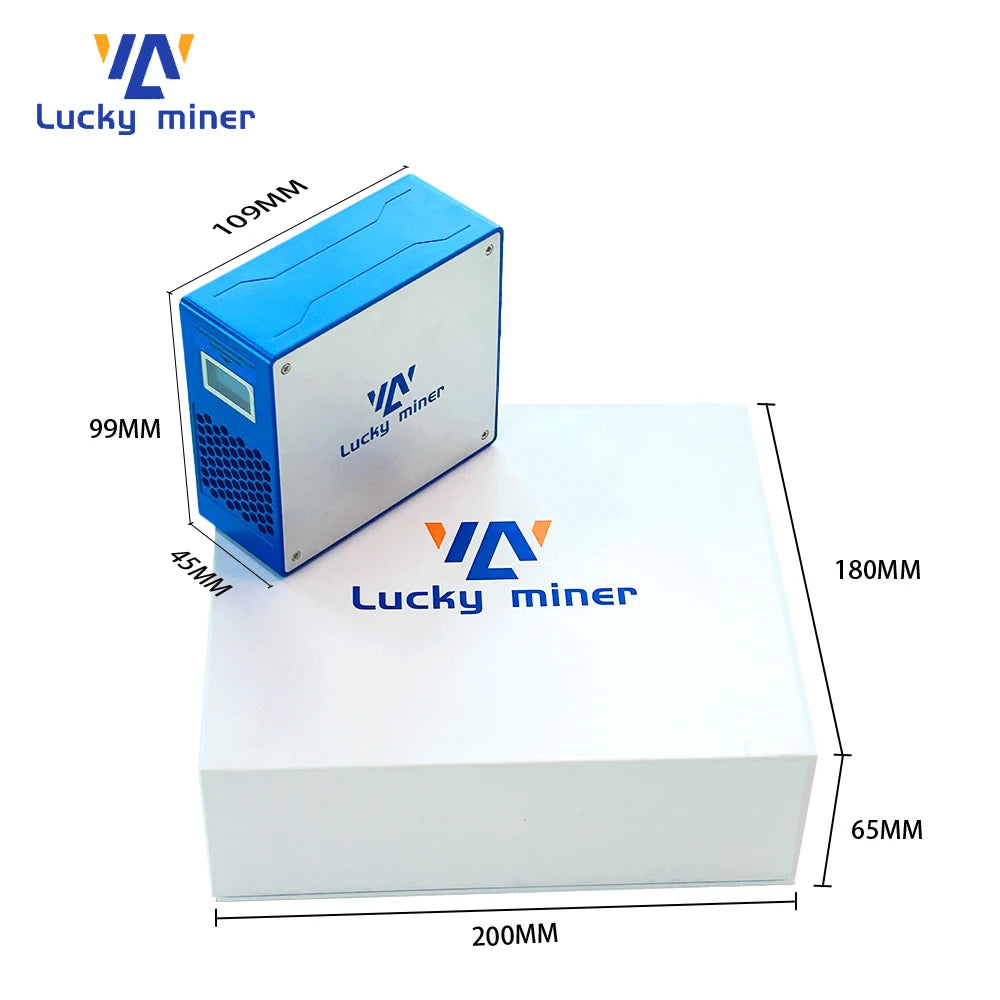 Blue and white device with Lucky Miner branding and dimensions on a white background