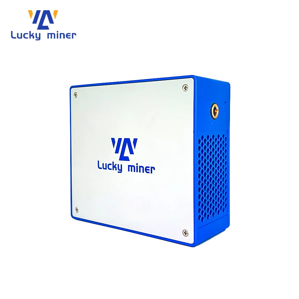 Blue and white device with Lucky Miner logo on a white background