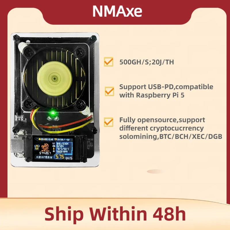 NMAxe cryptocurrency mining device with specifications on a beige background