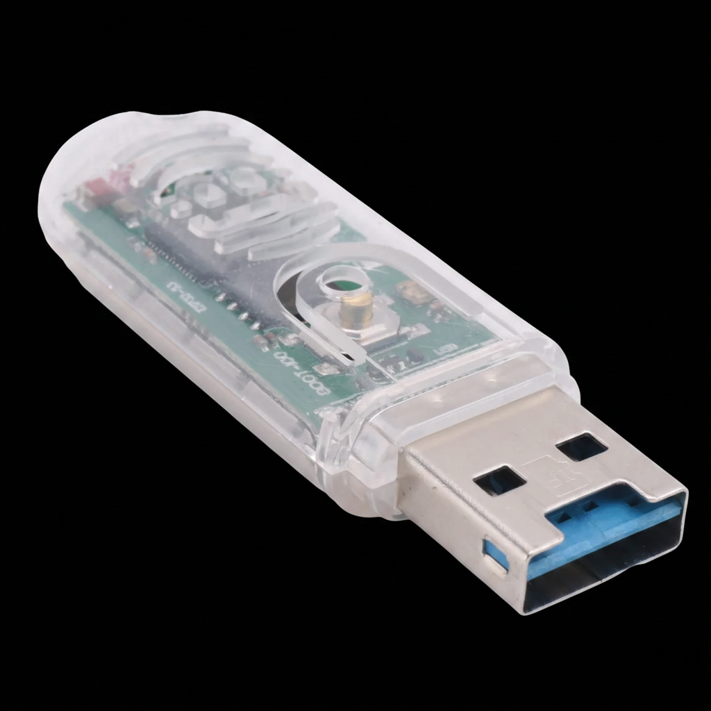USB lucky miner lv03 device with clear casing on a black background
