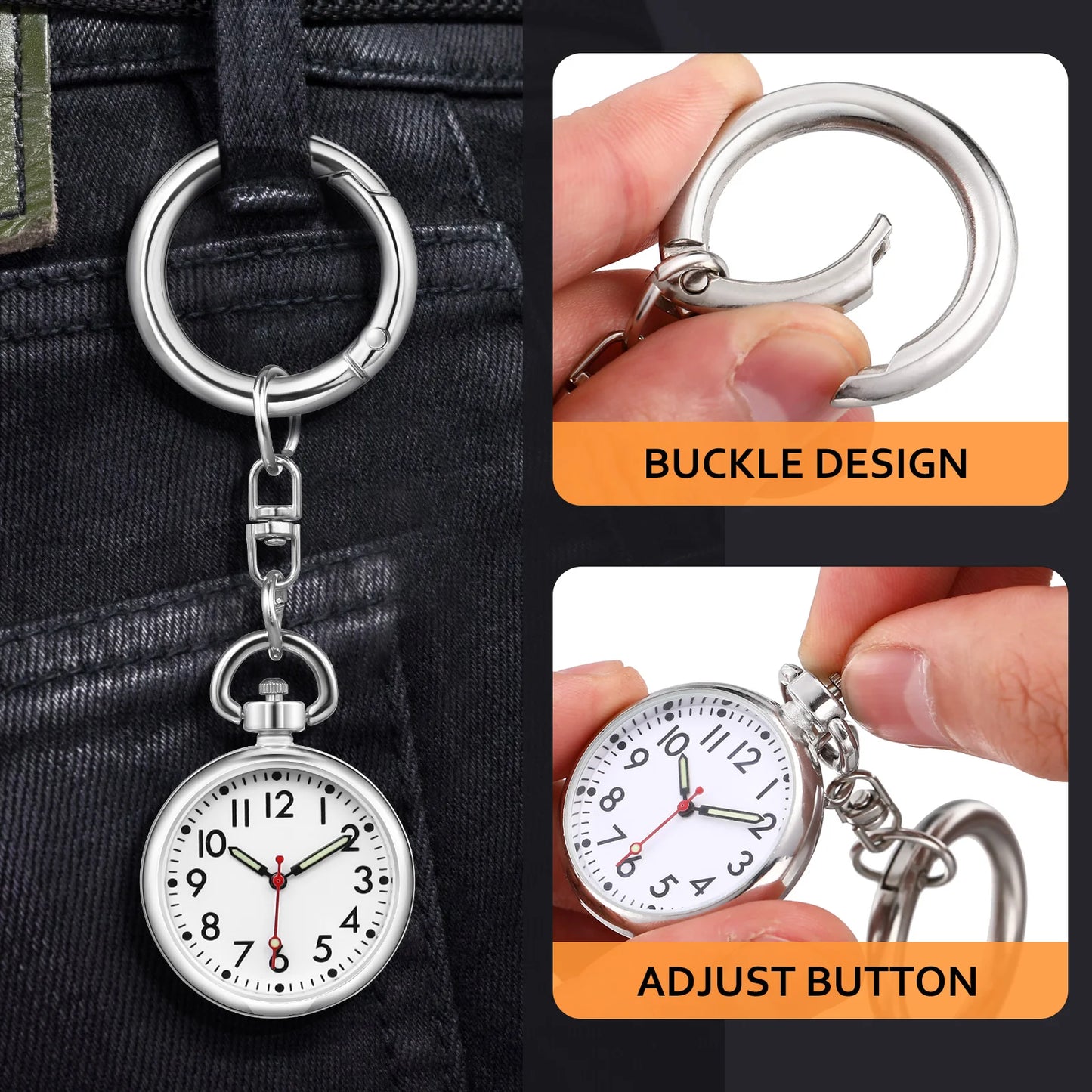 Silver pocket watch keychain for hospital and healthcare workers with buckle design and adjust button feature.
