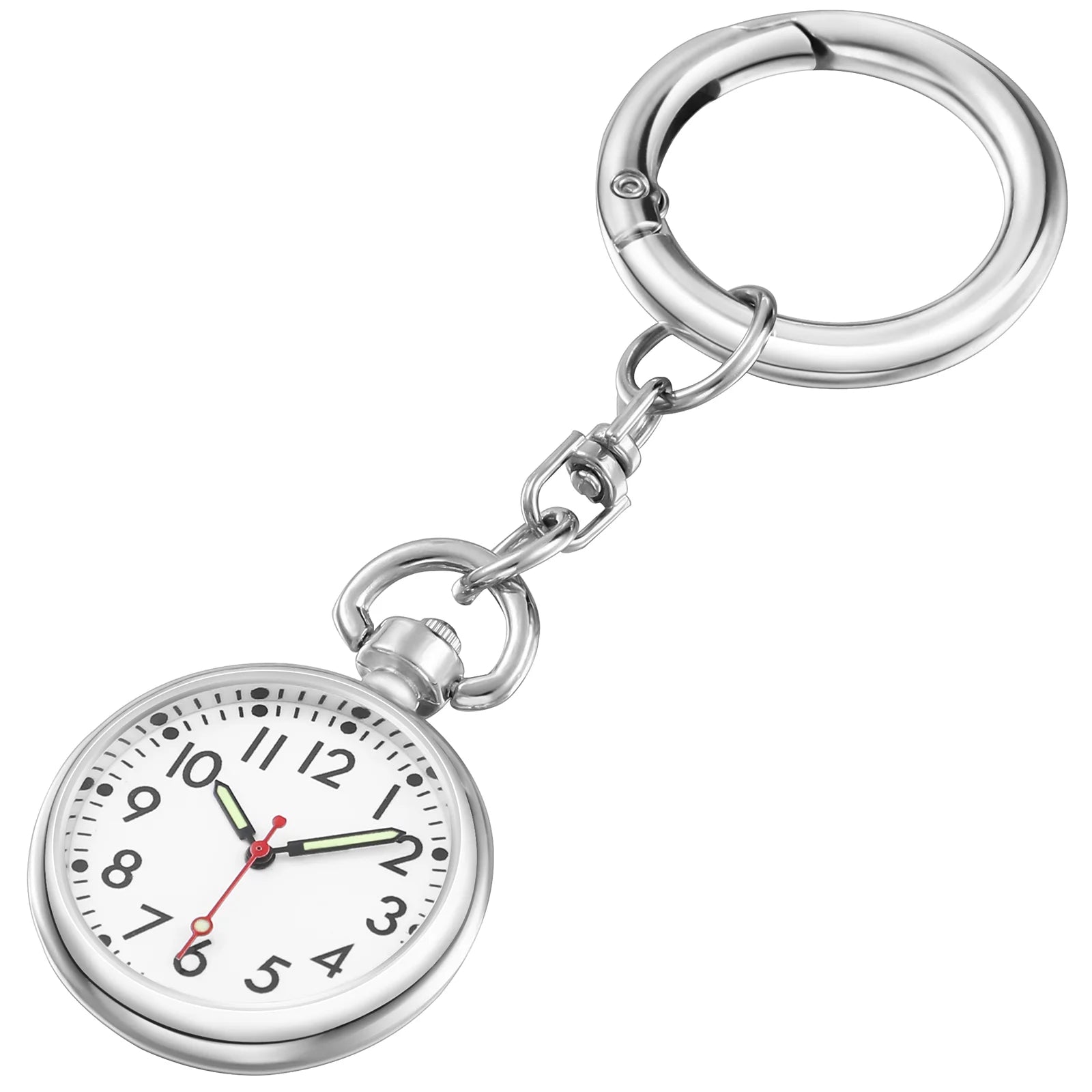 Silver keychain with a small pocket watch on a white background