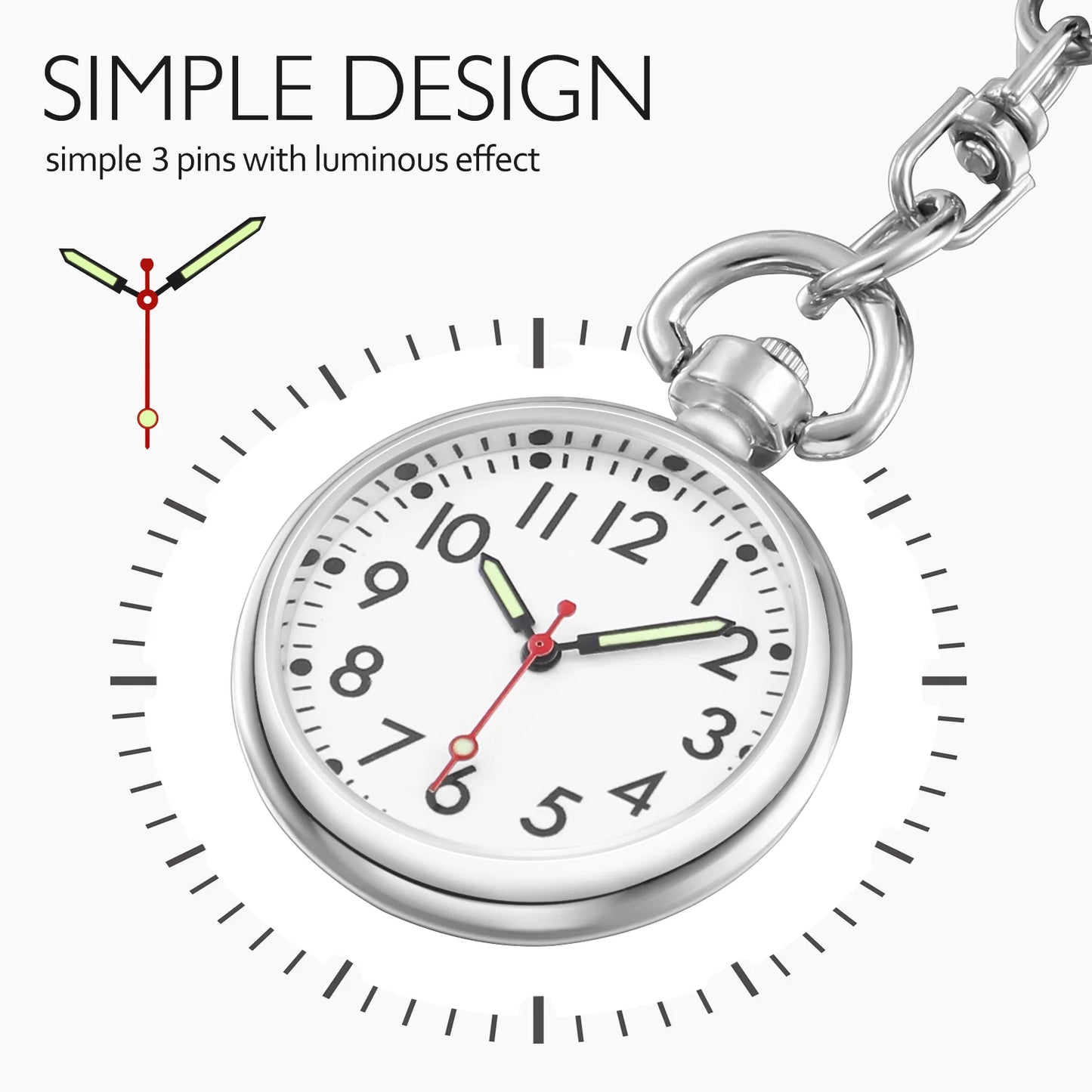 Silver pocket watch with white face and red second hand on a white background