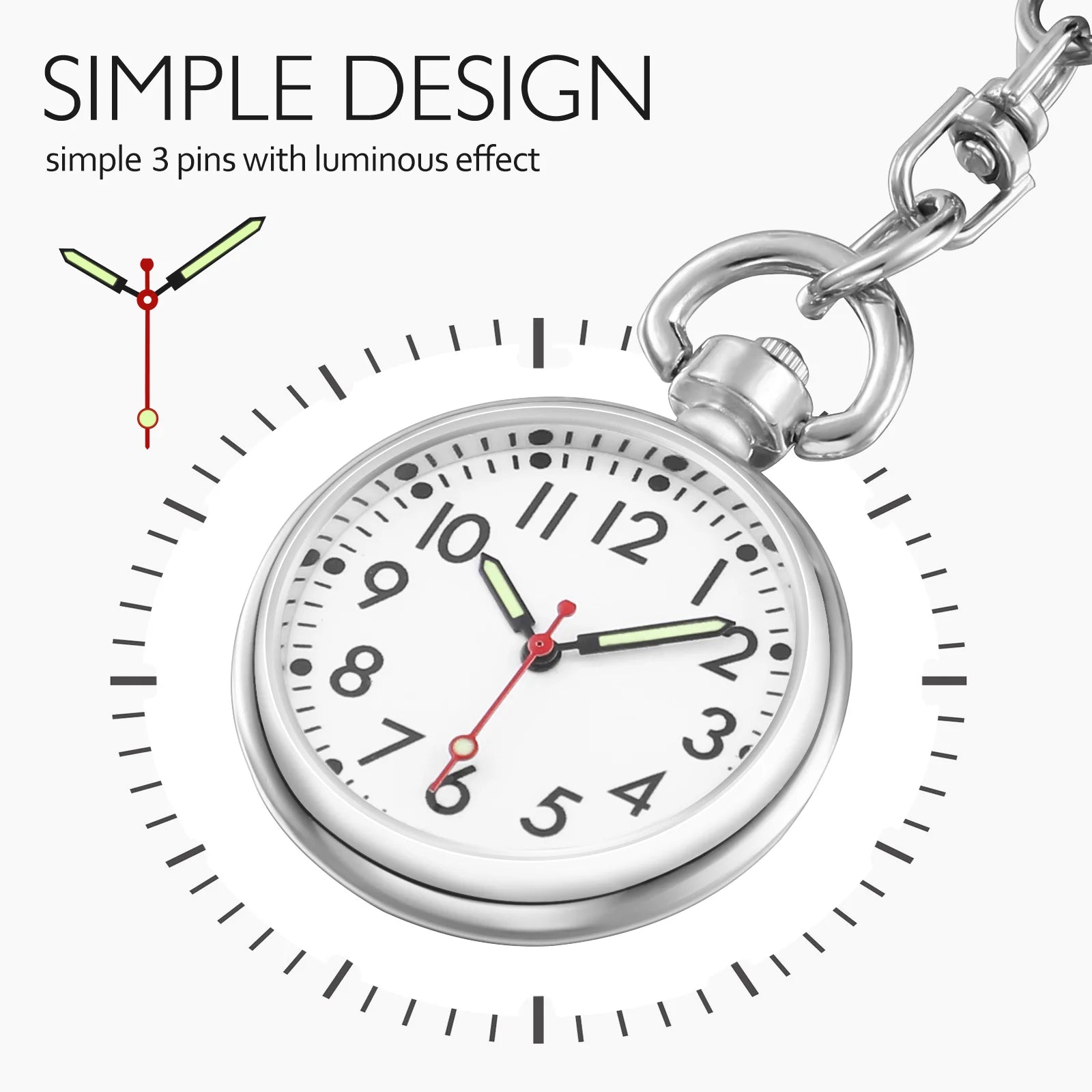 Silver pocket watch with white face and red second hand on a white background