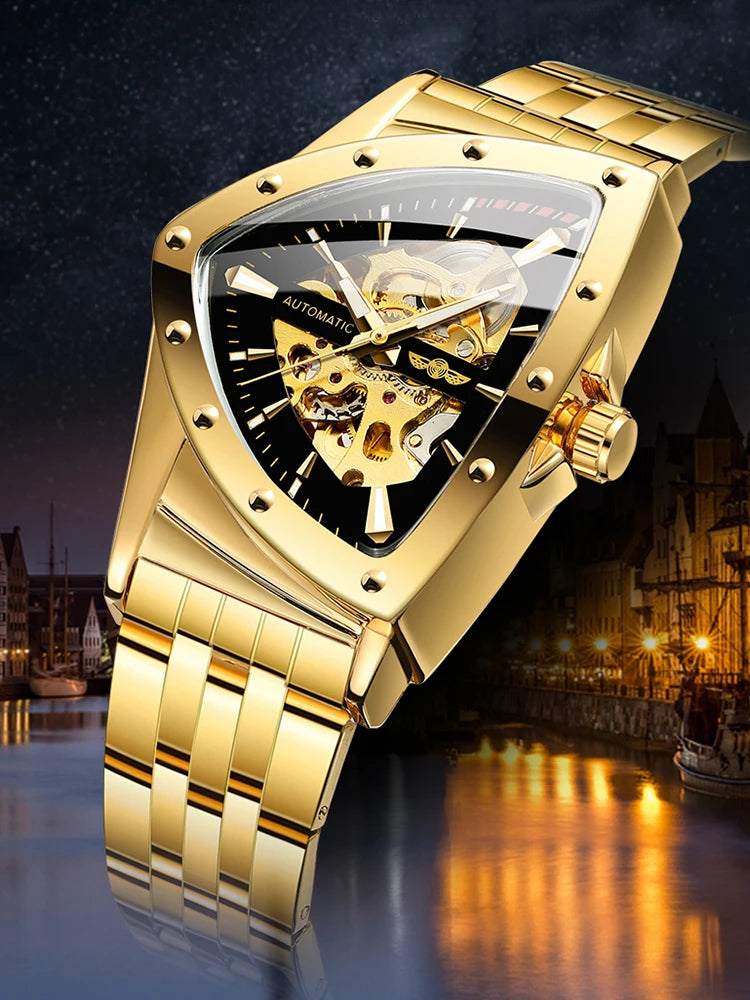 Luxury stainless steel triangular skeleton automatic watch with luminous hands, 40–44 mm pyramid case, waterproof up to 3 Bar