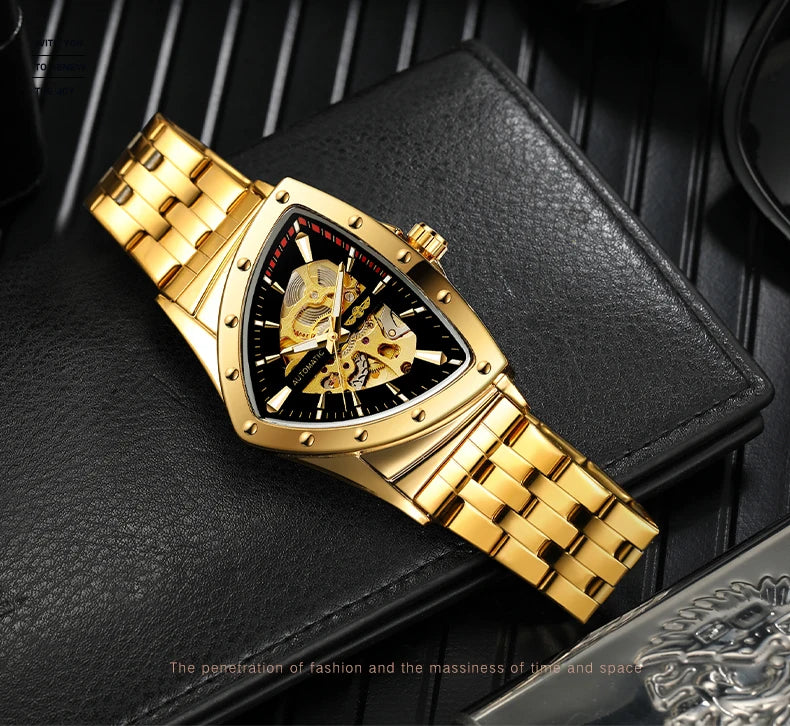 Luxury stainless steel triangular skeleton automatic watch with luminous hands, 40–44 mm pyramid case, waterproof up to 3 Bar