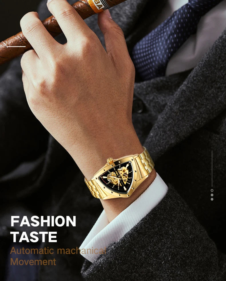 Luxury stainless steel triangular skeleton automatic watch with luminous hands, 40–44 mm pyramid case, waterproof up to 3 Bar