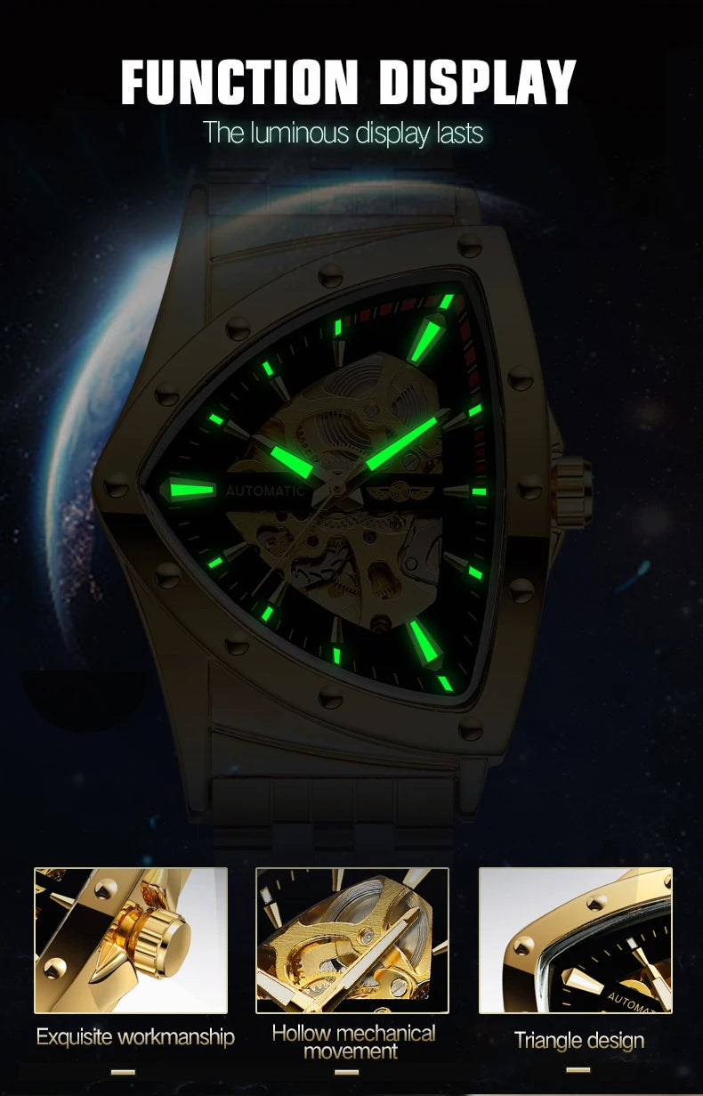 Luxury stainless steel triangular skeleton automatic watch with luminous hands, 40–44 mm pyramid case, waterproof up to 3 Bar