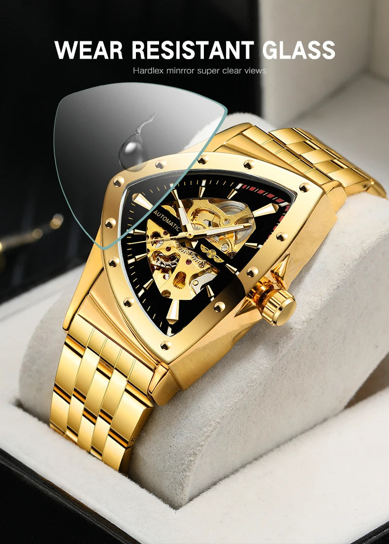 Luxury stainless steel triangular skeleton automatic watch with luminous hands, 40–44 mm pyramid case, waterproof up to 3 Bar