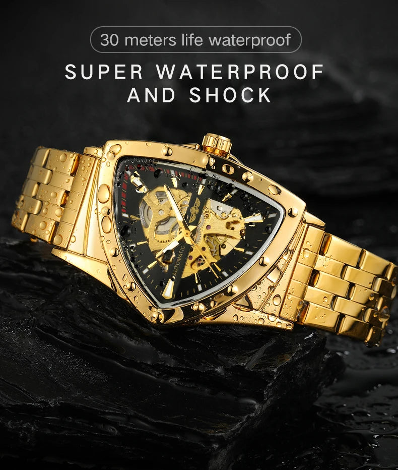 Luxury stainless steel triangular skeleton automatic watch with luminous hands, 40–44 mm pyramid case, waterproof up to 3 Bar