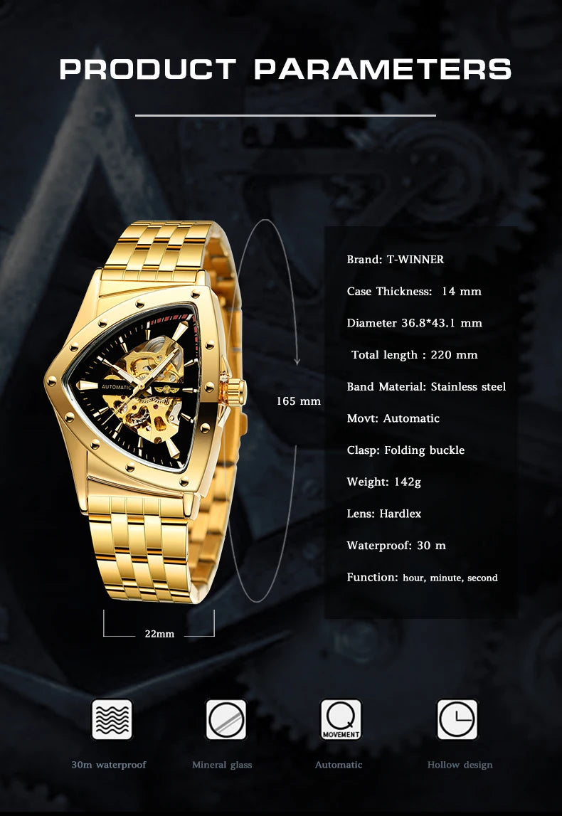Luxury stainless steel triangular skeleton automatic watch with luminous hands, 40–44 mm pyramid case, waterproof up to 3 Bar