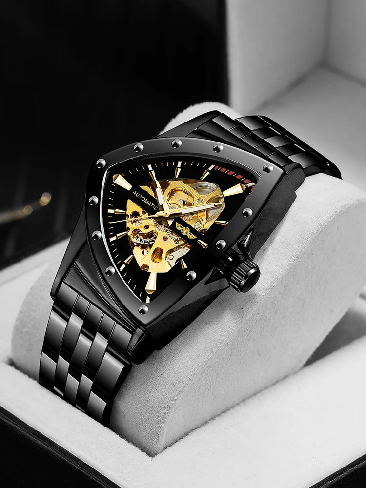 Luxury stainless steel triangular skeleton automatic watch with luminous hands, 40–44 mm pyramid case, waterproof up to 3 Bar