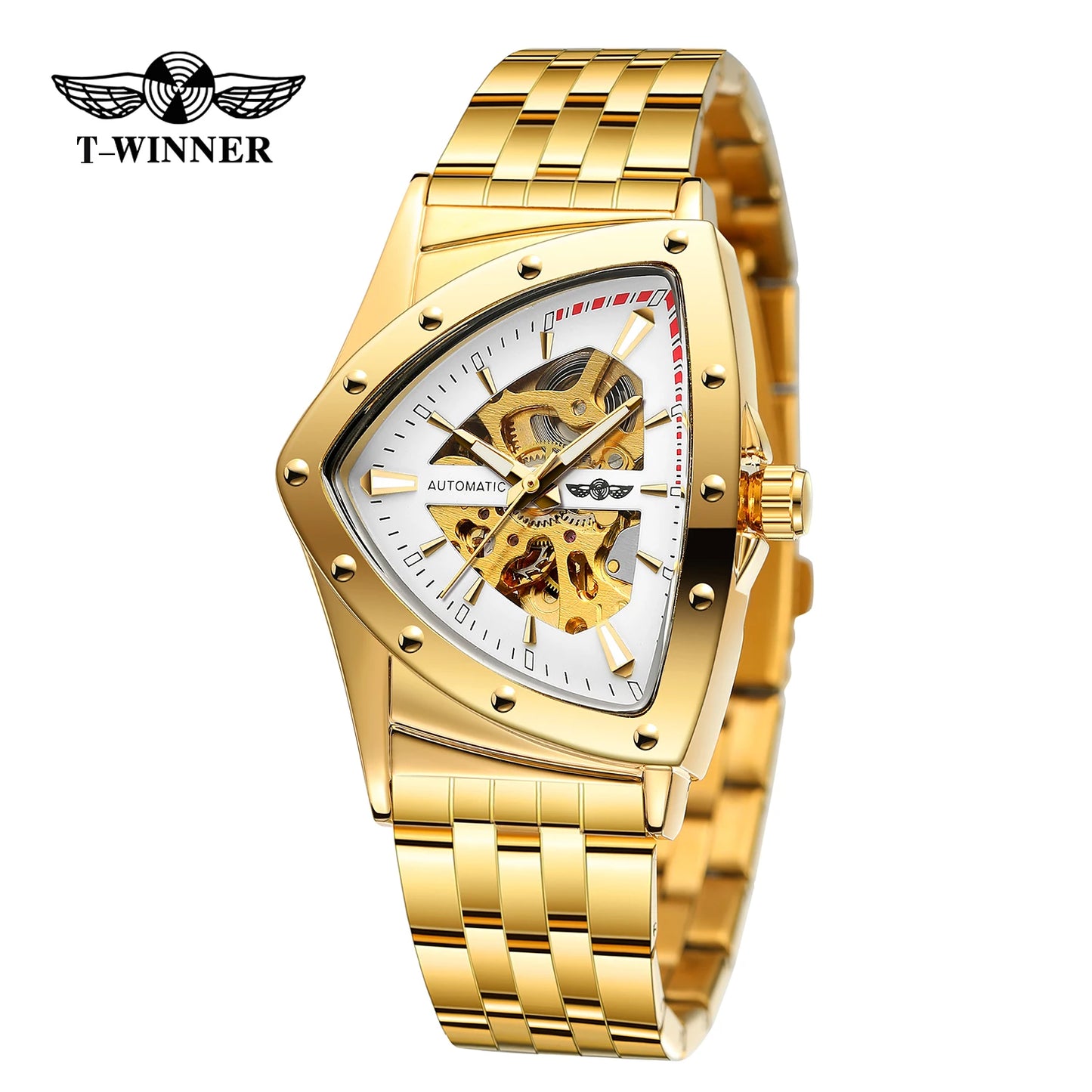 Luxury stainless steel triangular skeleton automatic watch with luminous hands, 40–44 mm pyramid case, waterproof up to 3 Bar