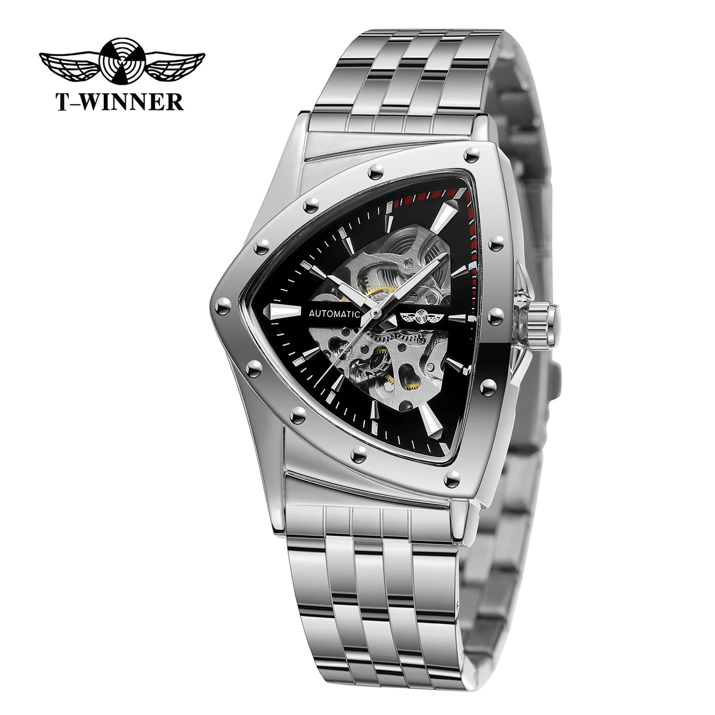 Luxury stainless steel triangular skeleton automatic watch with luminous hands, 40–44 mm pyramid case, waterproof up to 3 Bar