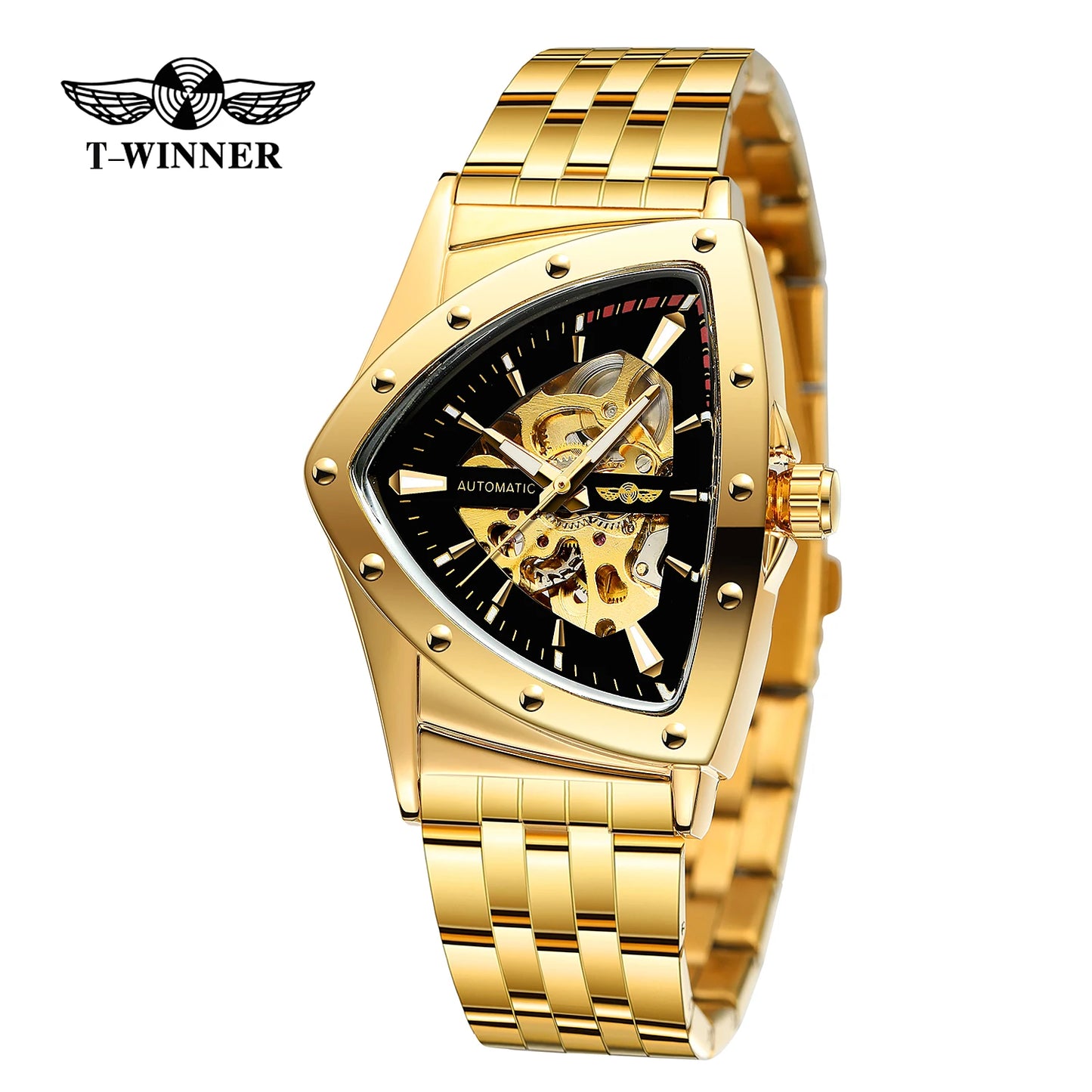 Luxury stainless steel triangular skeleton automatic watch with luminous hands, 40–44 mm pyramid case, waterproof up to 3 Bar