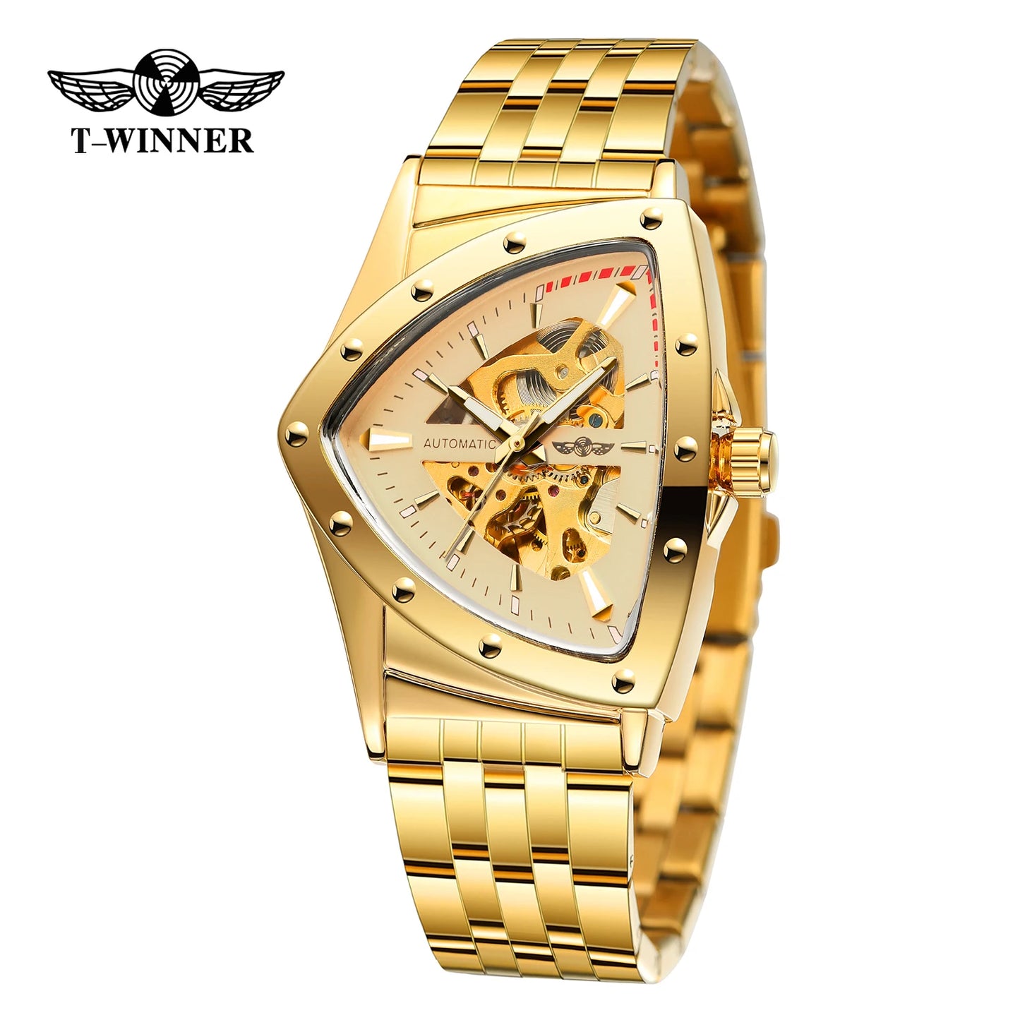Luxury stainless steel triangular skeleton automatic watch with luminous hands, 40–44 mm pyramid case, waterproof up to 3 Bar