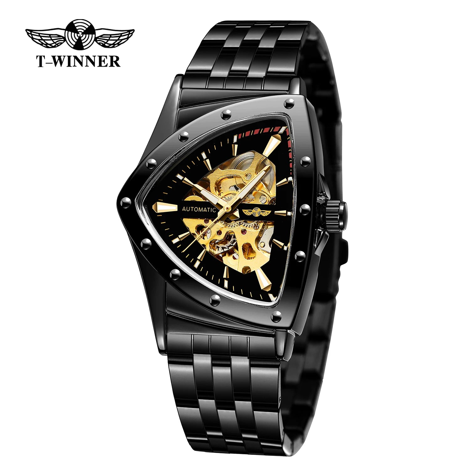 Luxury stainless steel triangular skeleton automatic watch with luminous hands, 40–44 mm pyramid case, waterproof up to 3 Bar