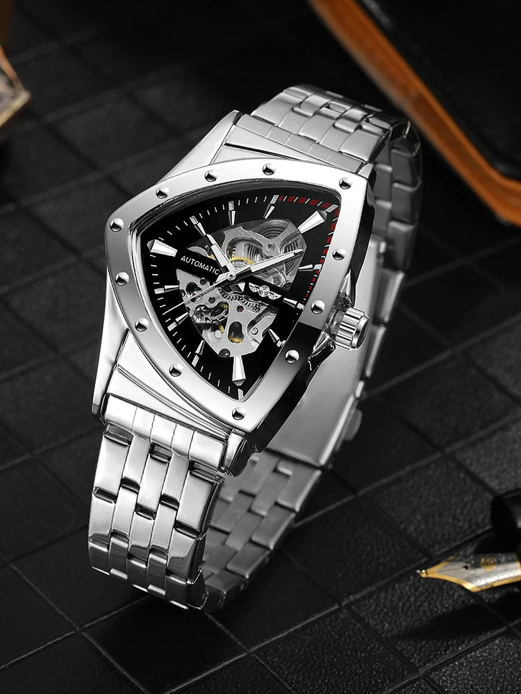 Luxury stainless steel triangular skeleton automatic watch with luminous hands, 40–44 mm pyramid case, waterproof up to 3 Bar