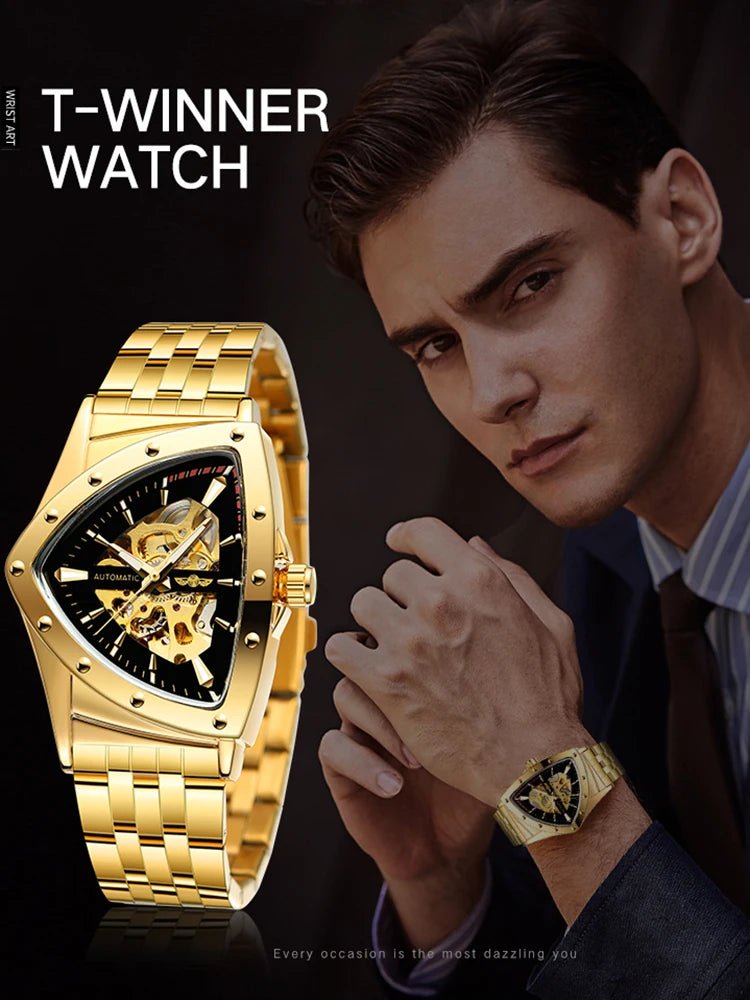 Luxury stainless steel triangular skeleton automatic watch with luminous hands, 40–44 mm pyramid case, waterproof up to 3 Bar