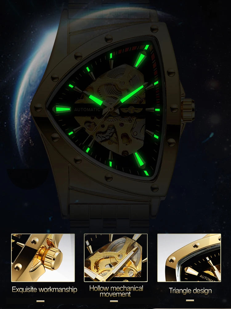 Luxury stainless steel triangular skeleton automatic watch with luminous hands, 40–44 mm pyramid case, waterproof up to 3 Bar