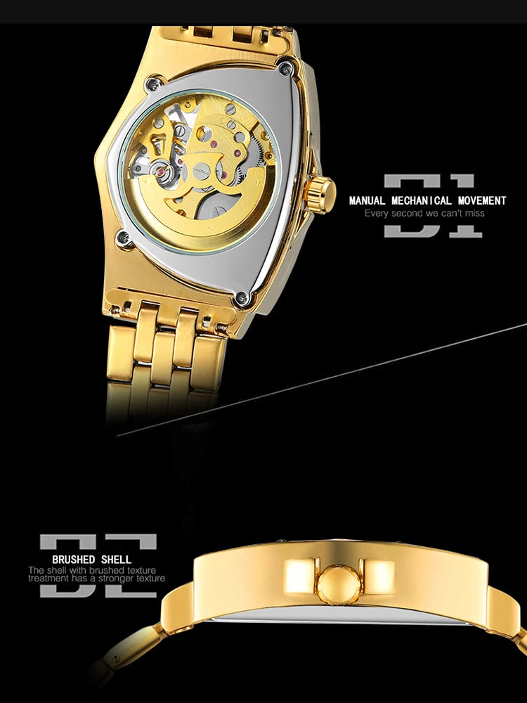 Luxury stainless steel triangular skeleton automatic watch with luminous hands, 40–44 mm pyramid case, waterproof up to 3 Bar