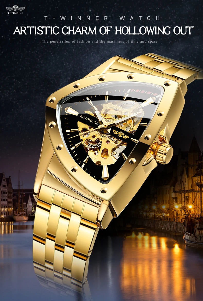 Luxury stainless steel triangular skeleton automatic watch with luminous hands, 40–44 mm pyramid case, waterproof up to 3 Bar